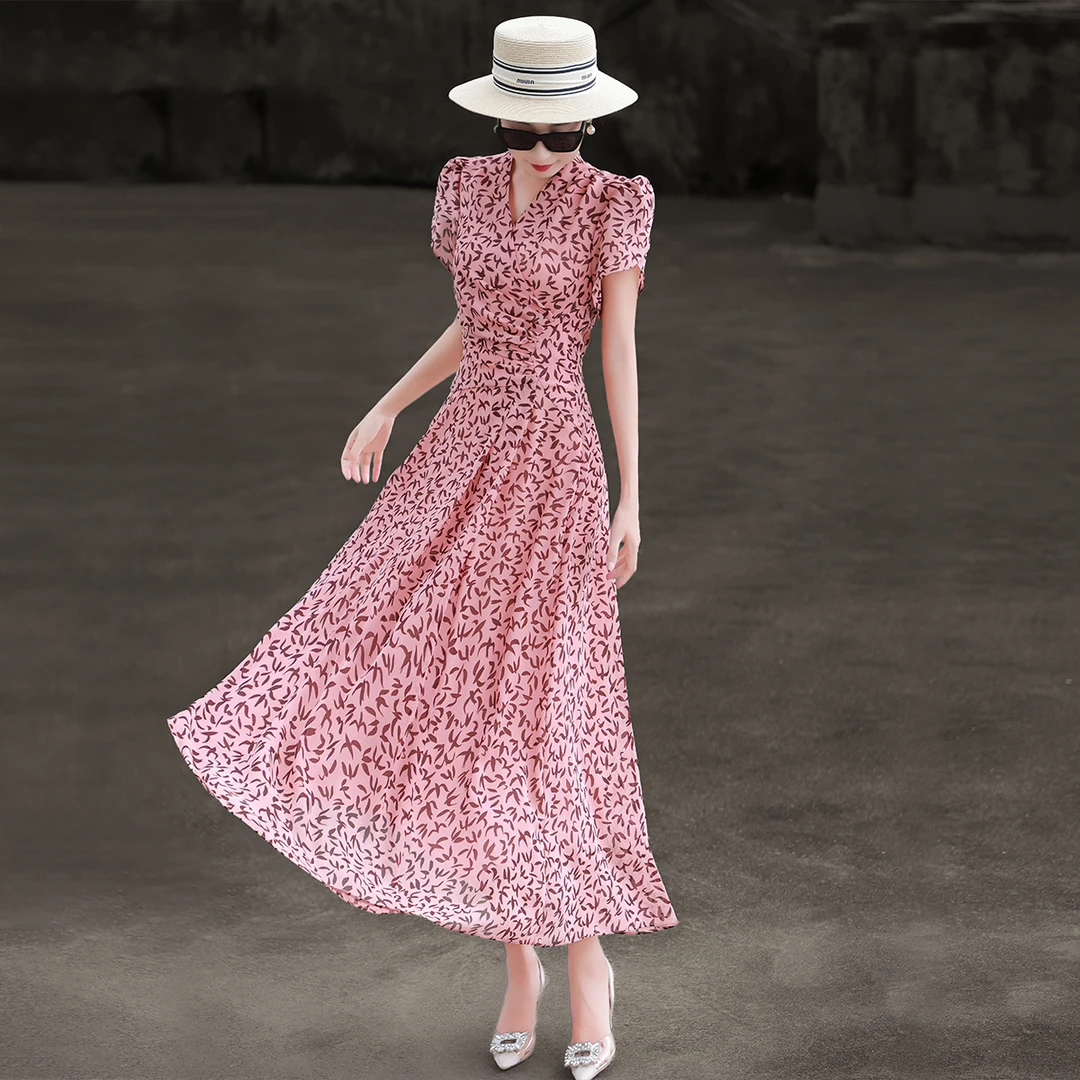 夏季裙子新款法式茶歇印花V领泡泡袖收腰显瘦连衣裙女775XL2680