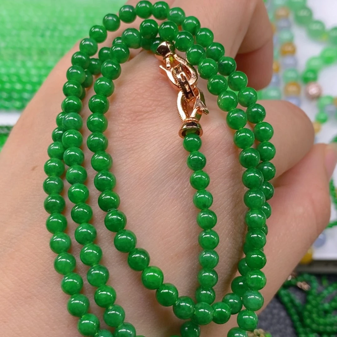 翡翠颈饰未镶嵌缅甸天然翡翠冰种浓阳绿塔链4.7，5