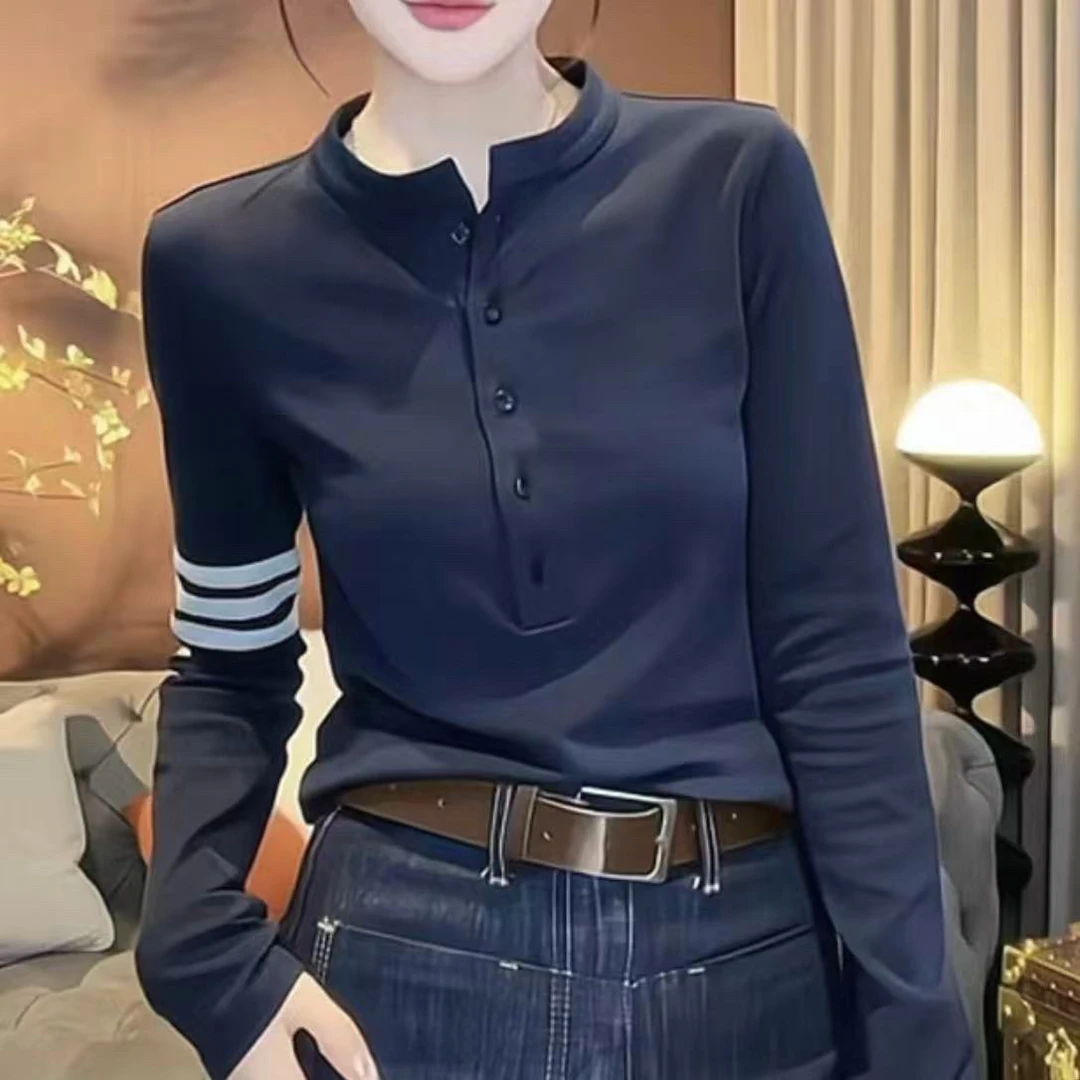 欧货秋长袖春秋2025新款杠条修身显瘦大码女装显瘦打底衫