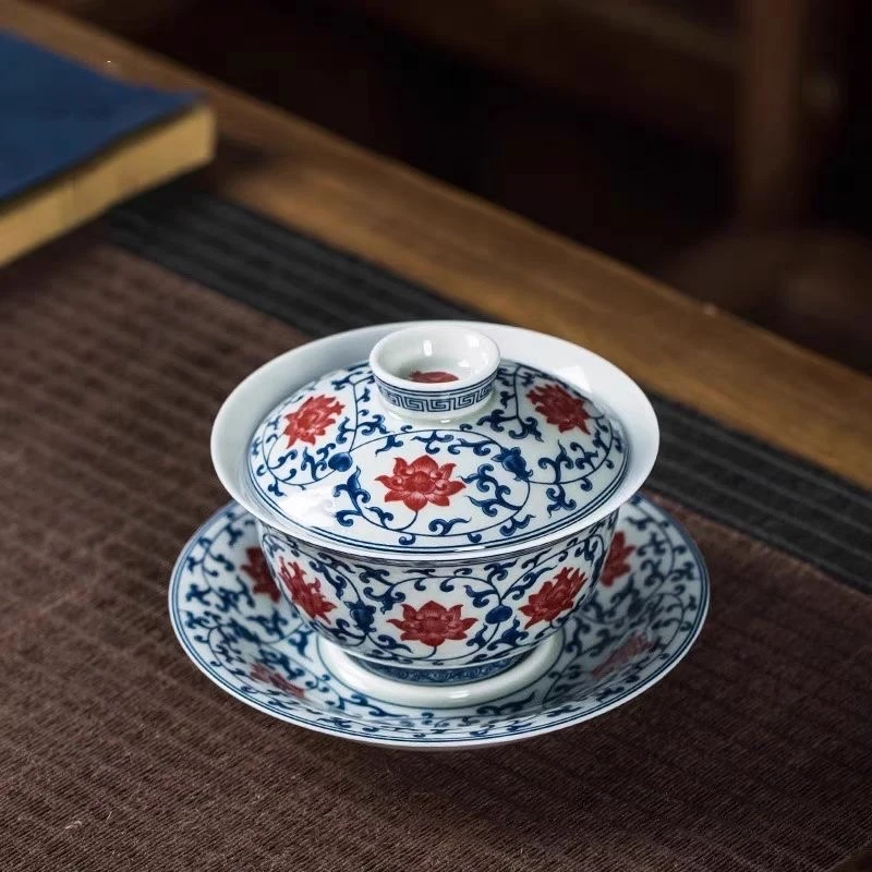 七丞堂正品青花缠枝莲三才盖碗茶杯单个可悬停防烫手功夫茶具整套