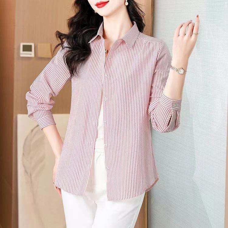 春夏全棉条纹衬衫女新款长袖气质上衣减龄百搭休闲女士衬衣外套