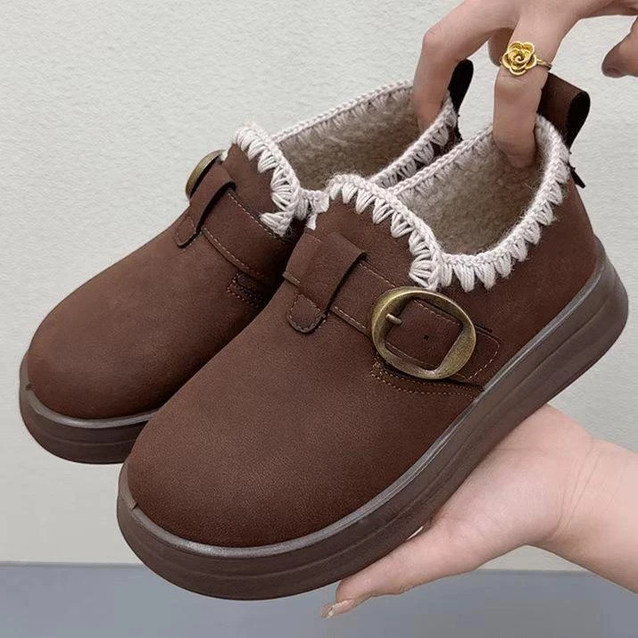 厚底加绒勃肯鞋女冬季新款加厚保暖雪地靴老北京棉鞋一脚蹬乐福鞋
