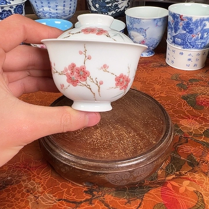 陶杯子元煦窑桃花盖碗