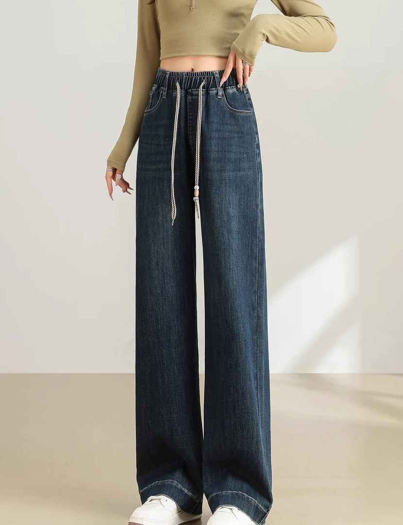宽松春夏款水洗牛仔裤阔腿裤蓝色时尚遮肚阔腿裤高腰春秋