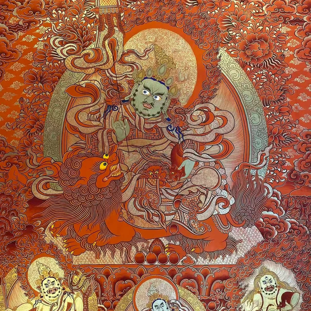 青海热贡扎西加措绘制天花板精品唐卡纯手绘100*70戎装财宝天王