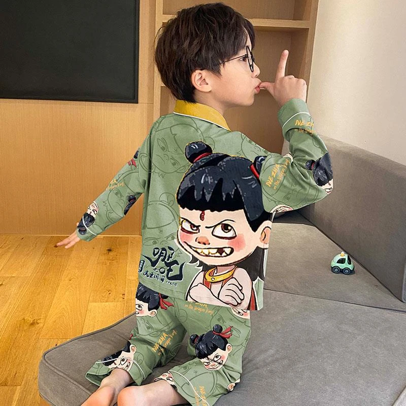 潮走儿童睡衣男童春夏款冰丝冰丝秋季男孩大童家居服哪咤2025新款