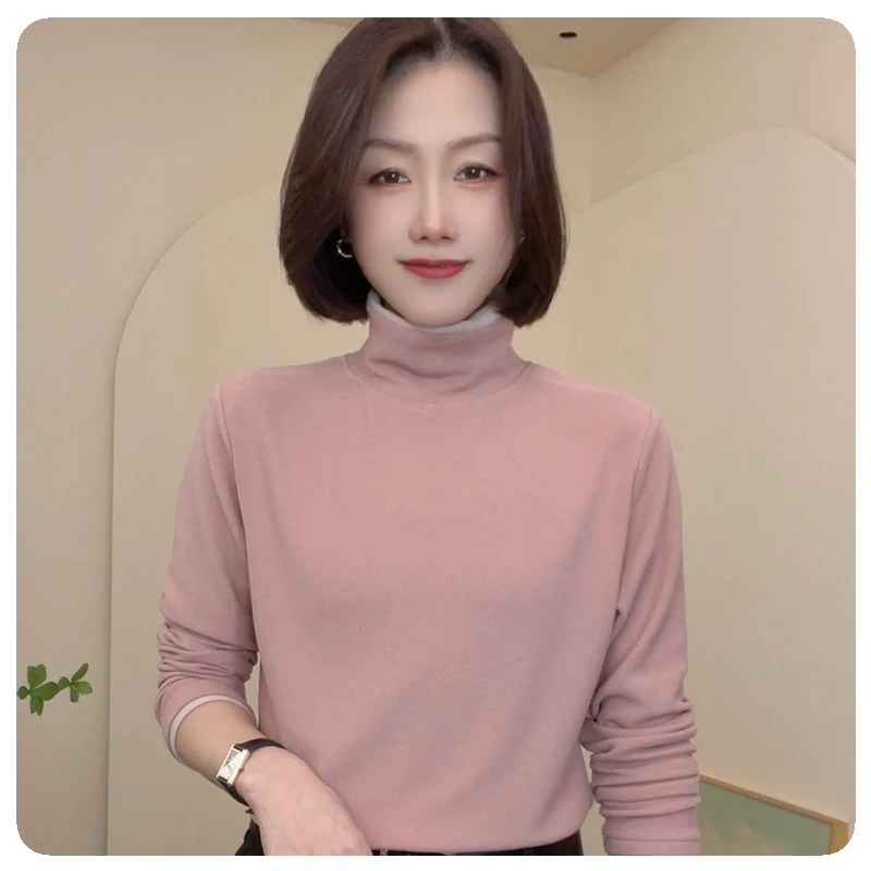 保暖打底衫上衣2024冬季新款纯色假两件拼接设计感百搭休闲上衣女