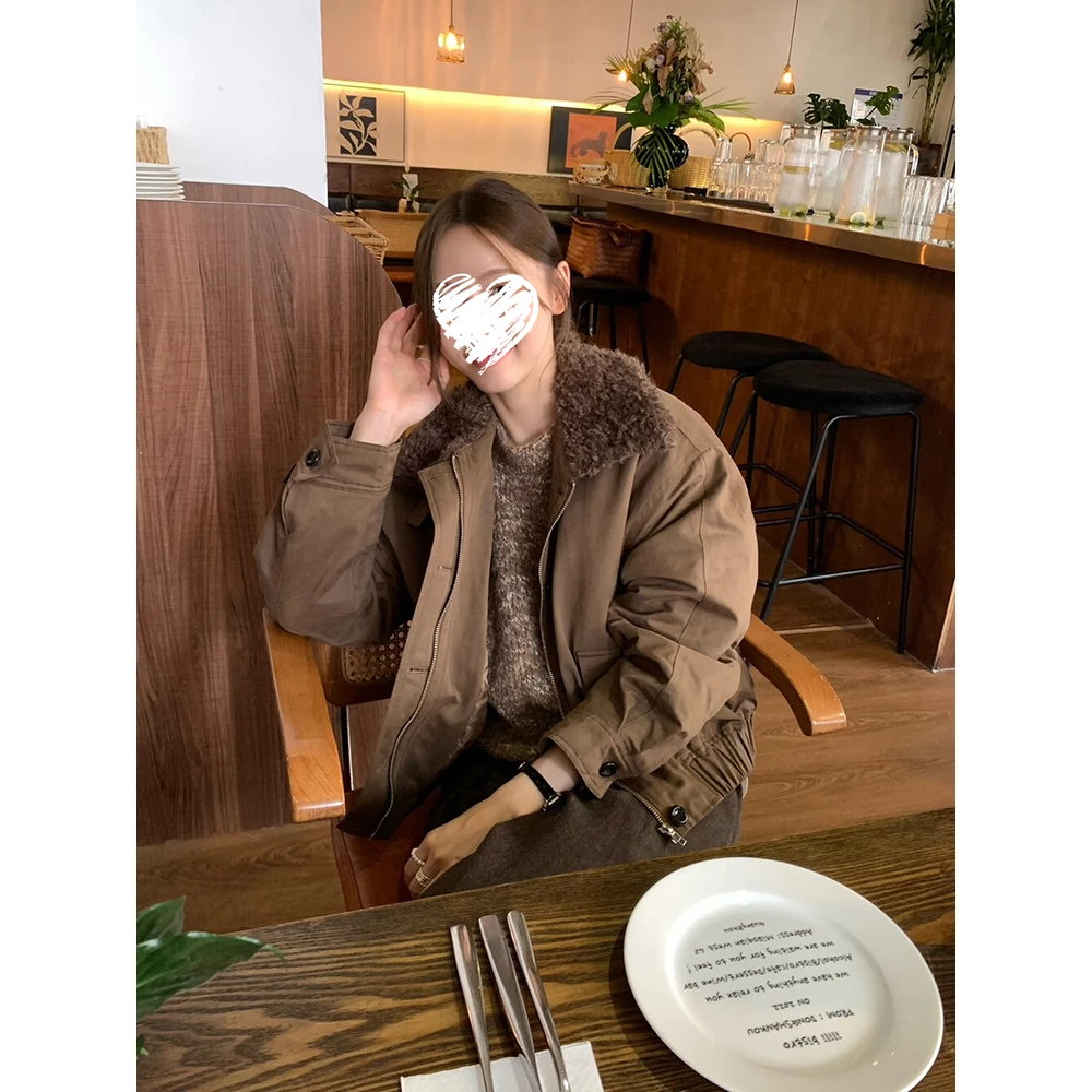 韩系工装风毛毛领夹棉加厚飞行员短外套女美式复古上衣 61126