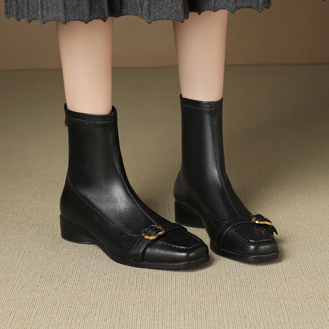 2025新款时装短靴女后拉链粗跟复古百搭时尚气质中跟弹力瘦瘦靴子