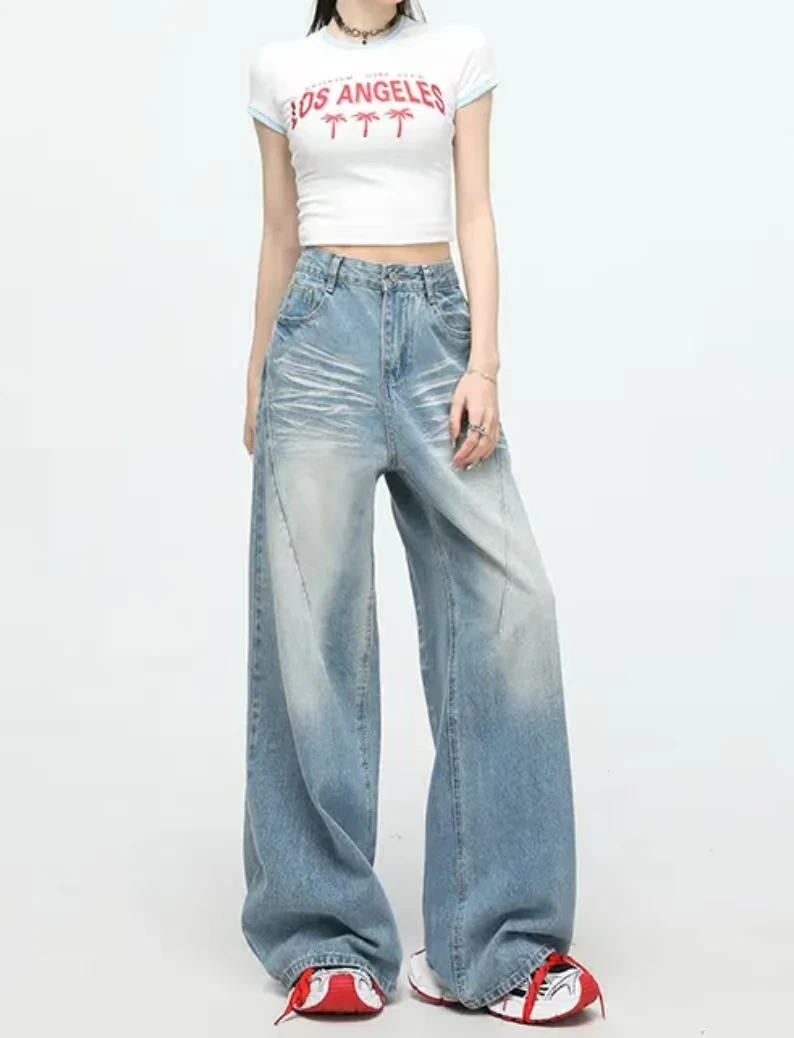 公主美式复古水洗牛仔裤女2025春季新款高腰显瘦百搭阔腿裤99299