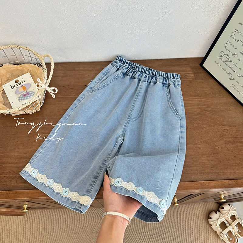 女童新款七分蓝色扣子牛仔裤女宝宝夏季休闲时尚洋气牛仔裤女童