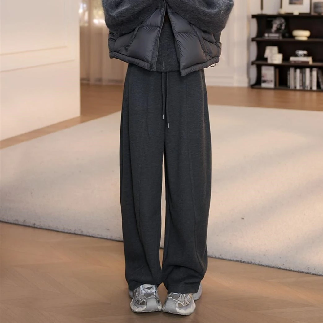 秋冬新款气质时尚加厚松紧腰休闲弯刀裤女加绒高腰显瘦直筒阔腿裤