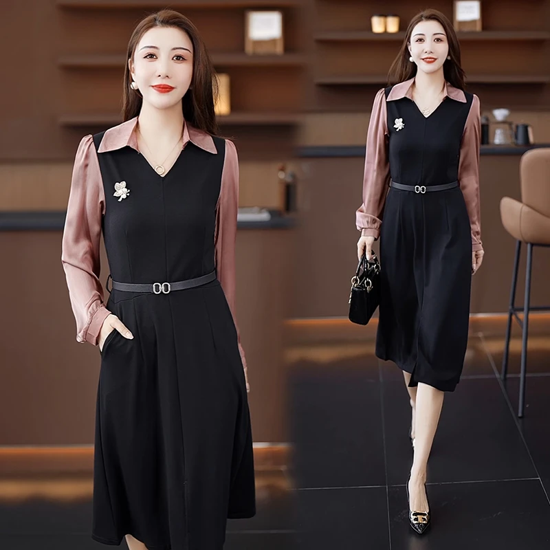 轻职风修身时尚气质高贵连衣裙2025秋季新款绑带收腰裙子女