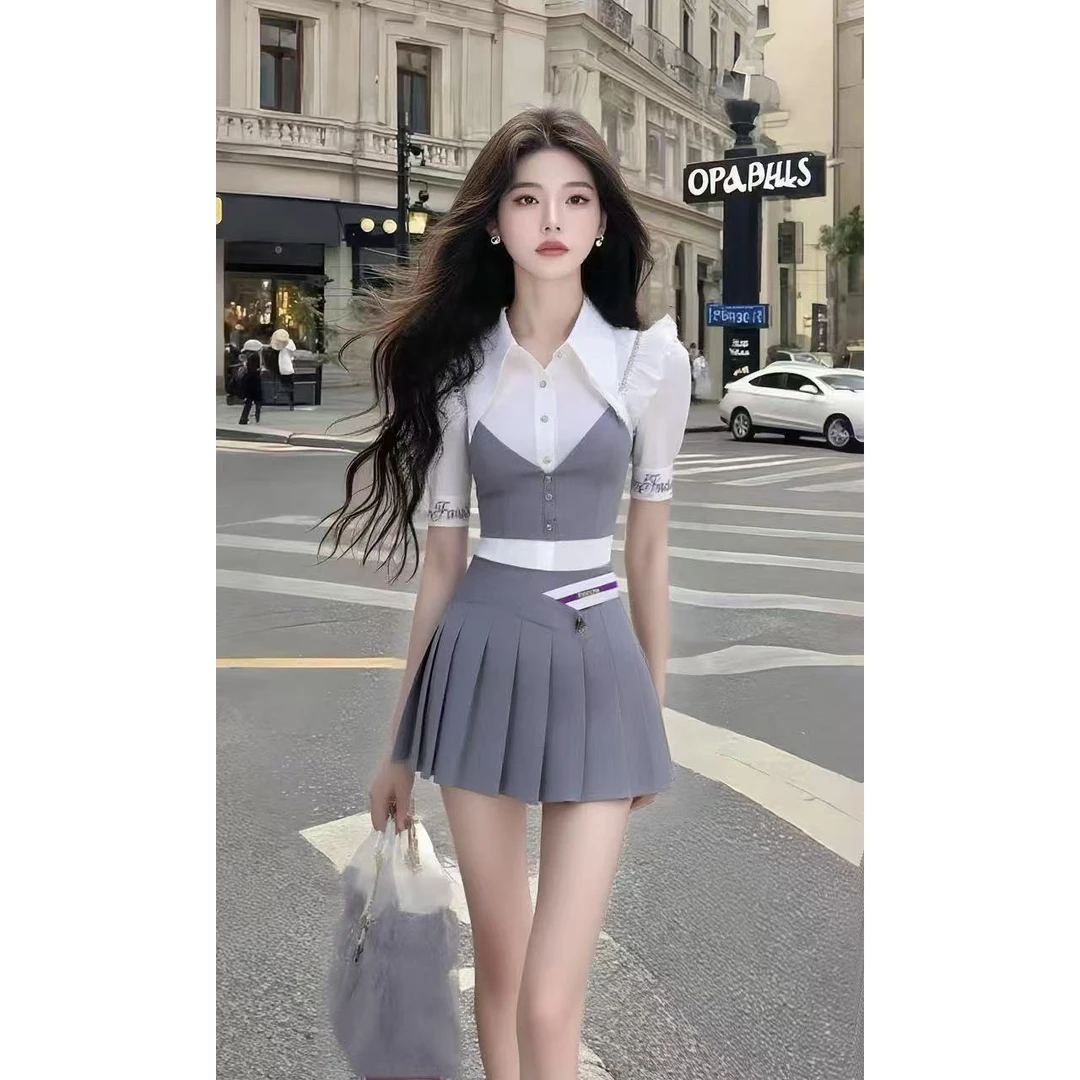 夏季新款别致设计感修身短袖衬衫+灰色百搭显瘦半裙女氛围感穿搭