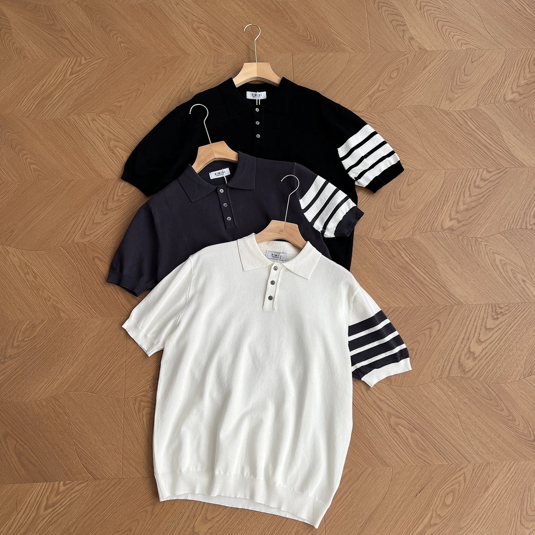 【休闲英伦】夏季百搭翻领针织POLO衫经典四杠提花透气针织打底衫潮