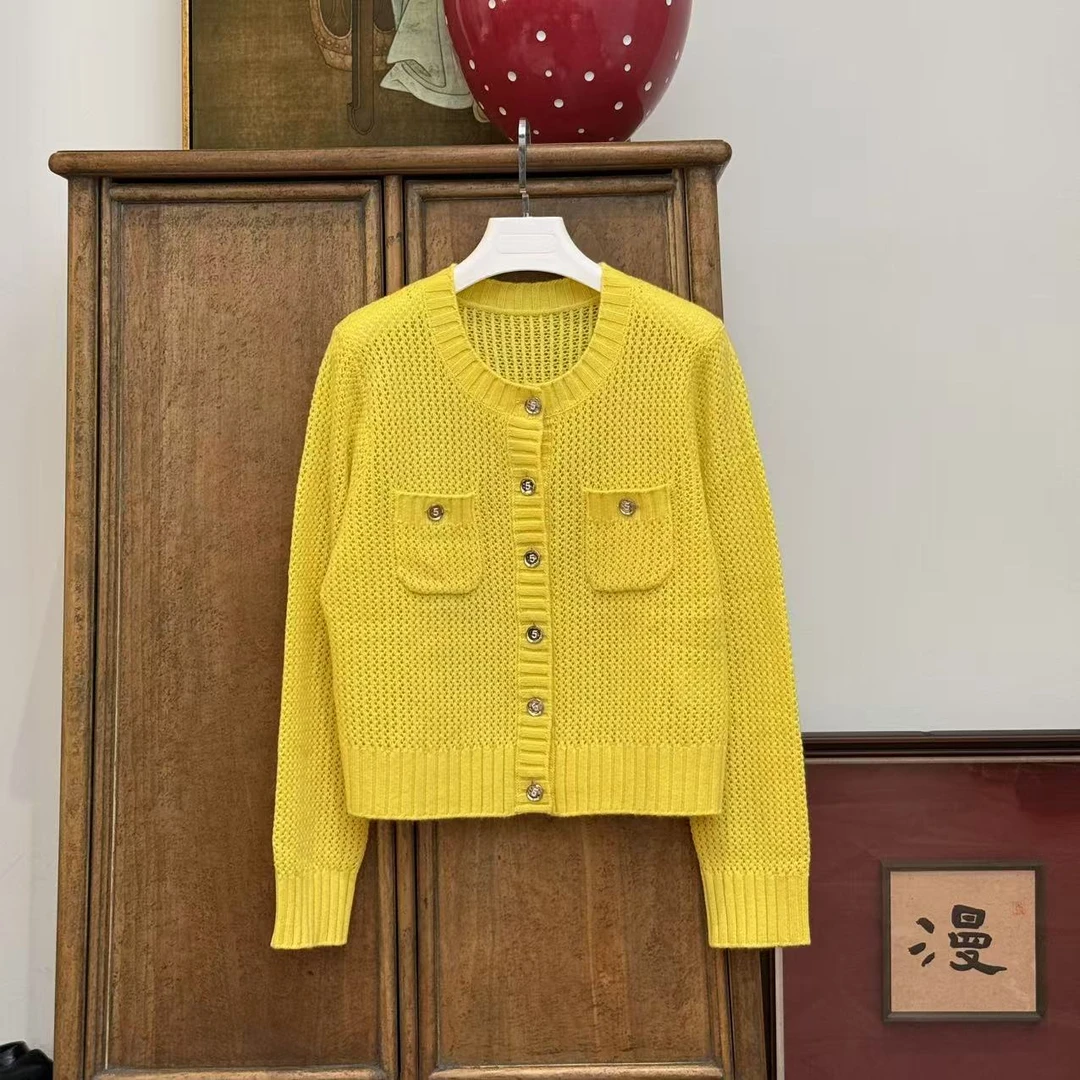 MYL2025春季新品羊绒混纺针织开衫黄色镂空口袋百搭纯色针织衫