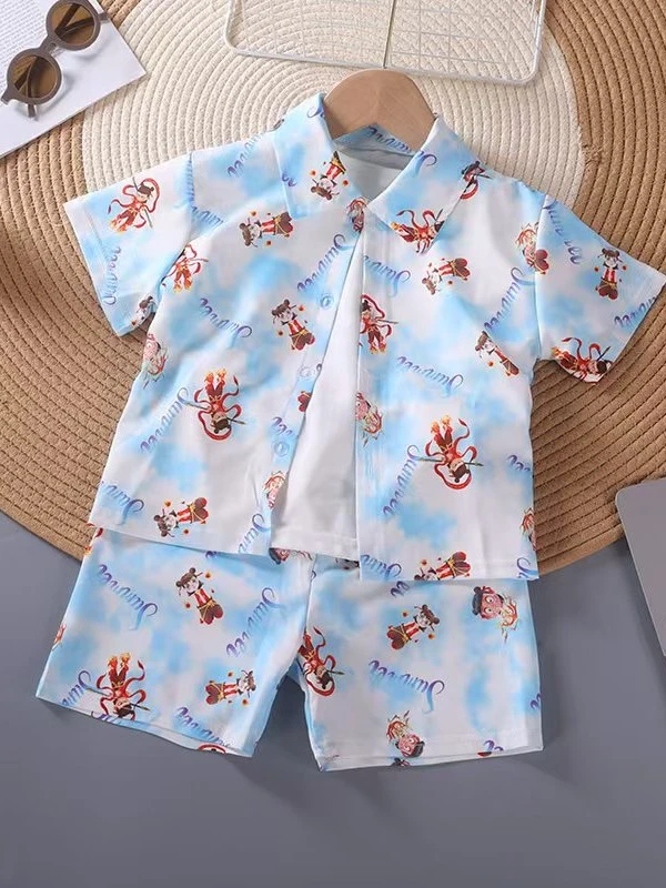 哪吒夏季薄款印花衬衫短袖套装儿童卡通立体沙滩复古易干宝宝童装