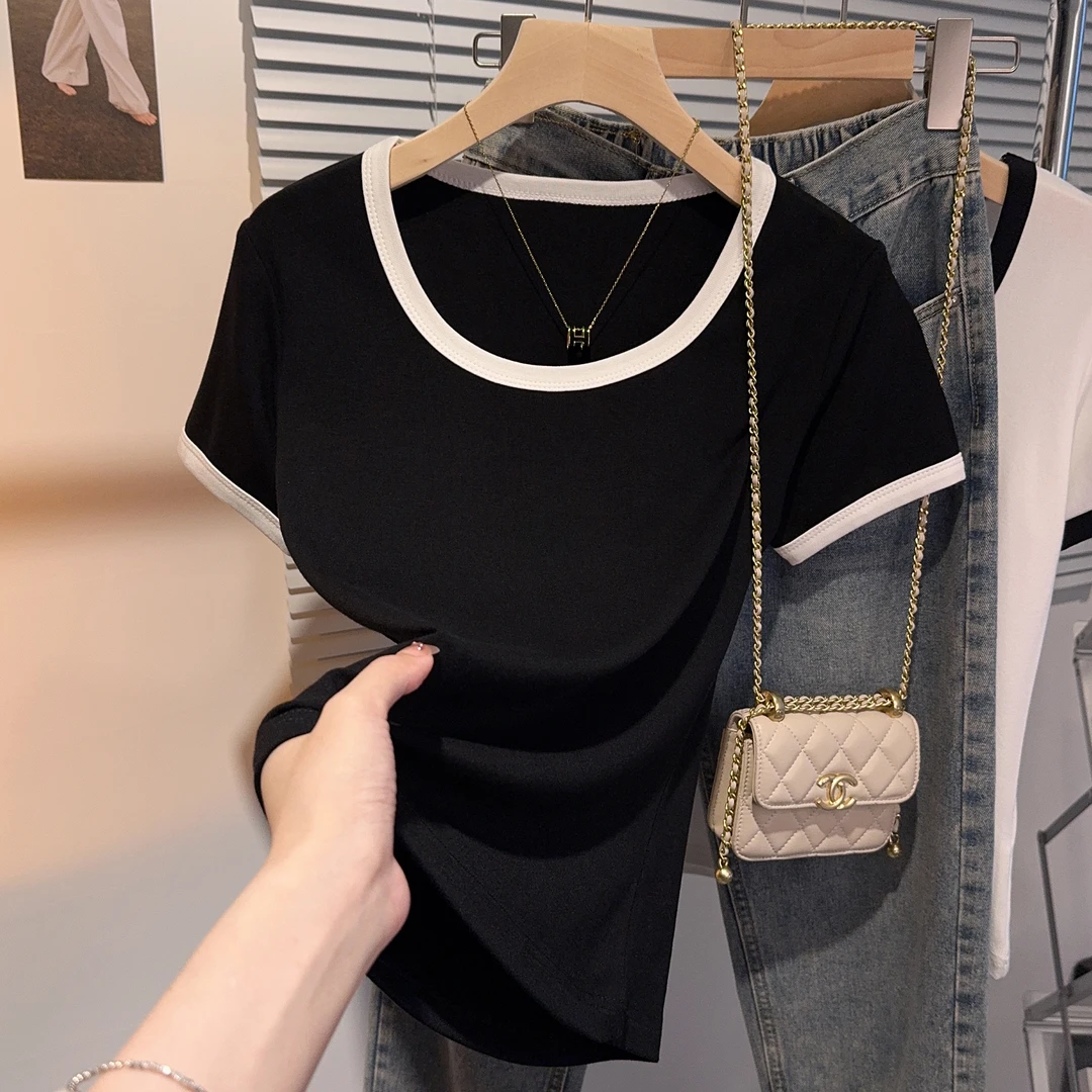 黑色正肩U领t恤女短袖上衣修身螺纹款大领口时尚百搭打底衫女内搭