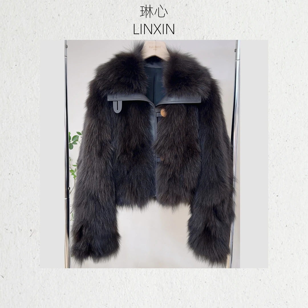 丨秋冬新款气质百搭时尚轻奢咖色拼皮毛绒感开衫外套0520