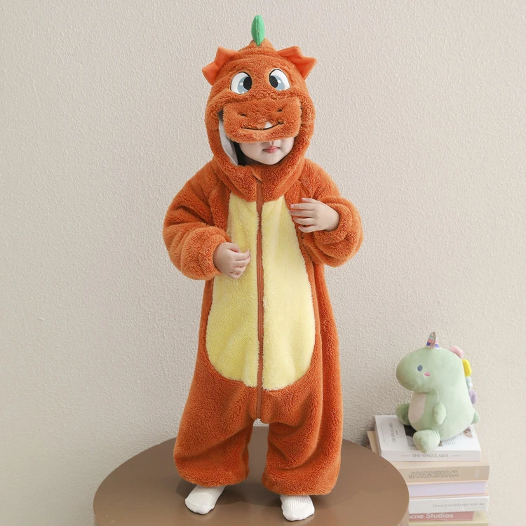 儿童恐龙连体睡衣秋冬季加绒加厚法兰绒爬服男女宝宝珊瑚绒家居服