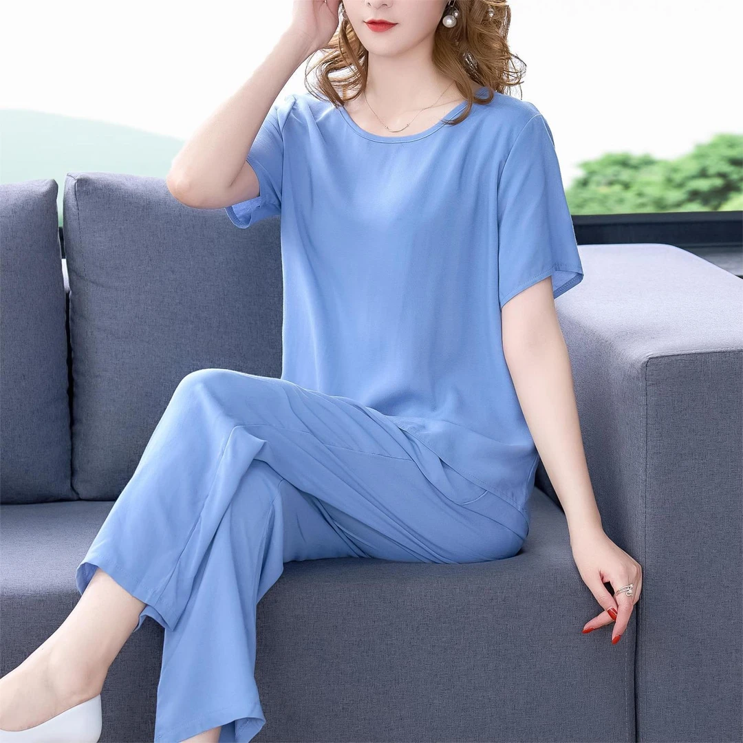 洋气棉绸套装气质上衣减龄外穿妈妈夏装大码宽松直筒裤休闲两件套