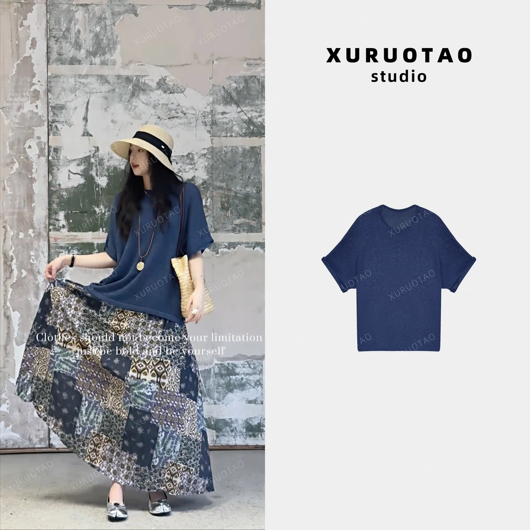 XURUOTAO【琉璃】亚麻天丝卷边袖设计感显瘦舒适蓝色上衣 T5441