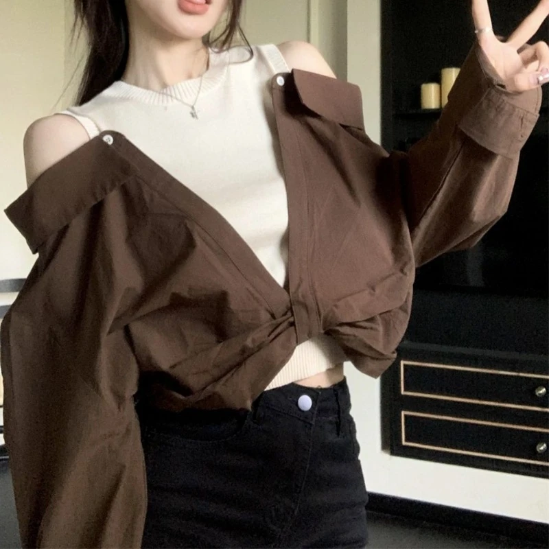 设计感小众显瘦气质时尚韩版不规则露肩女装秋季短款上衣长袖衬衫