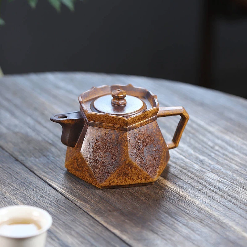 钻石僧帽手工刻画柴烧茶壶宜兴紫砂壶工堂直播供货源头茶具复古创