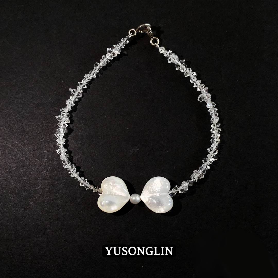 原创设计天然白贝爱心p桃蝴蝶结闪灵钻通体银扣手链简约精致礼物