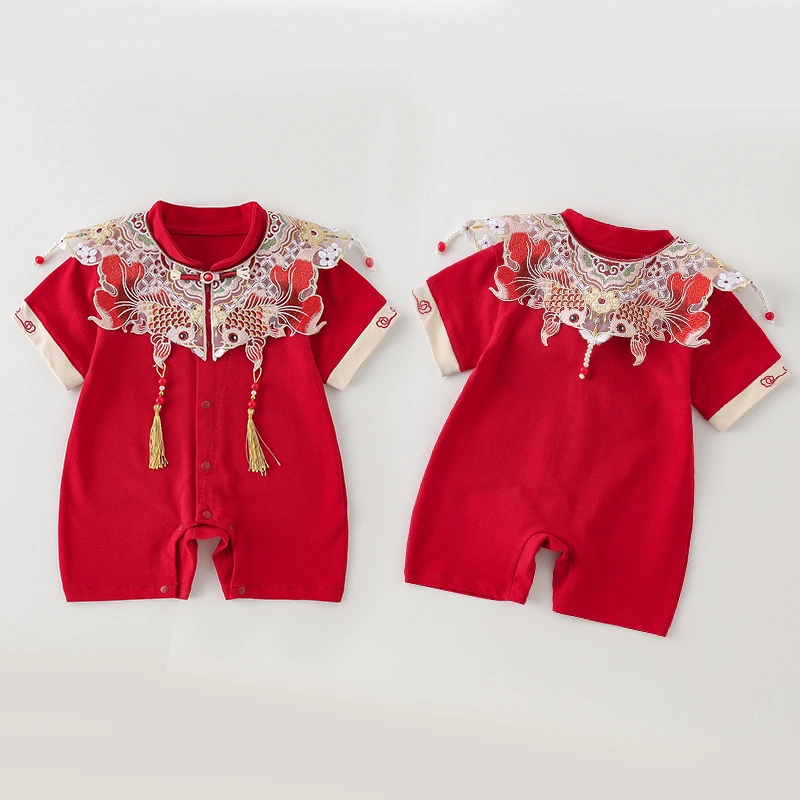 国风婴儿夏装纯棉连体衣新中式宝宝周岁礼服夏季满月百天喜庆衣服