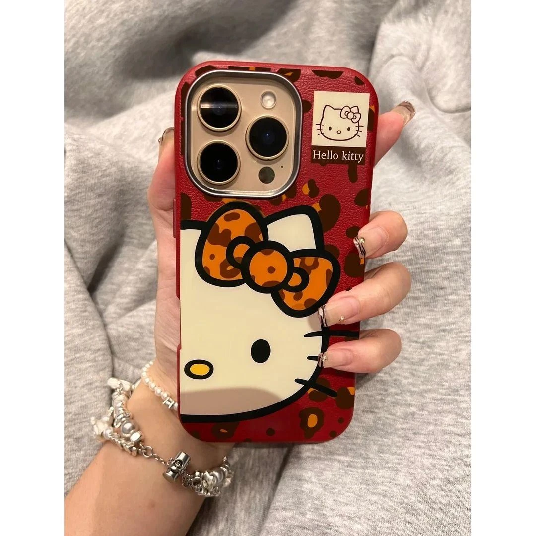 奥菲顿豹纹半脸kt猫适用iPhone16/15荔枝纹12金属框手机壳14/13套