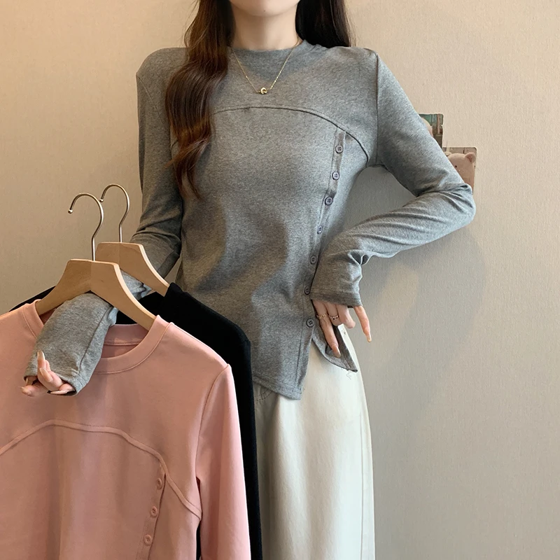 2025春装新款胖mm大码女不对称鱼骨开叉修身打底T恤上衣