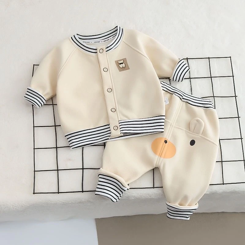 宝宝套装条纹卡通婴儿屁屁高腰儿童加绒外套裤子小童幼儿两件套