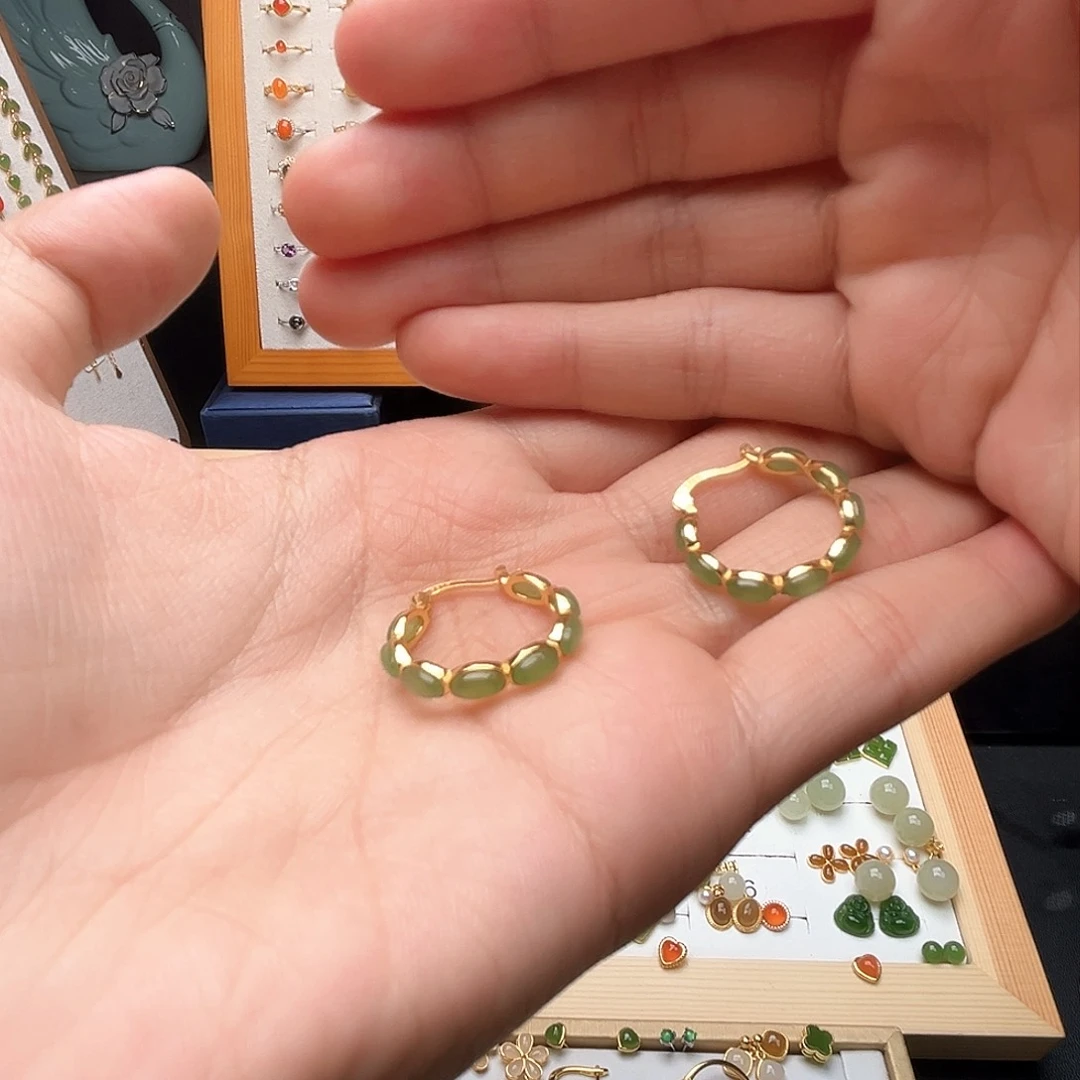 银S925镶嵌和田玉耳饰?****?