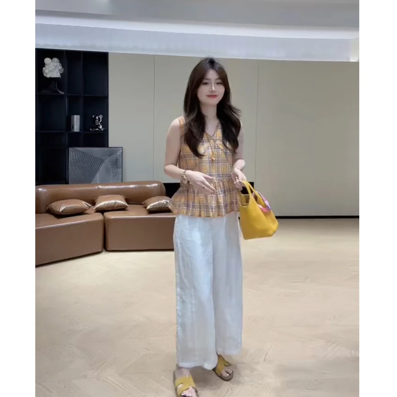 夏季流行一整套装女2025新款穿搭设计感格纹上衣高腰阔腿裤两件套