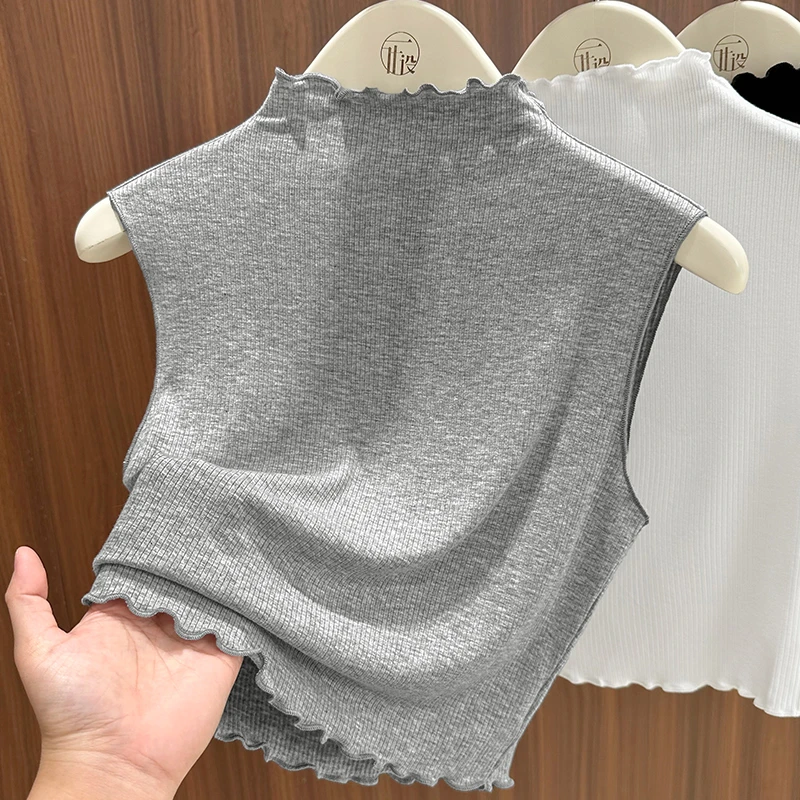 灰色洋气木耳边设计无袖背心气质半高领打底衫秋季内搭假领上衣女