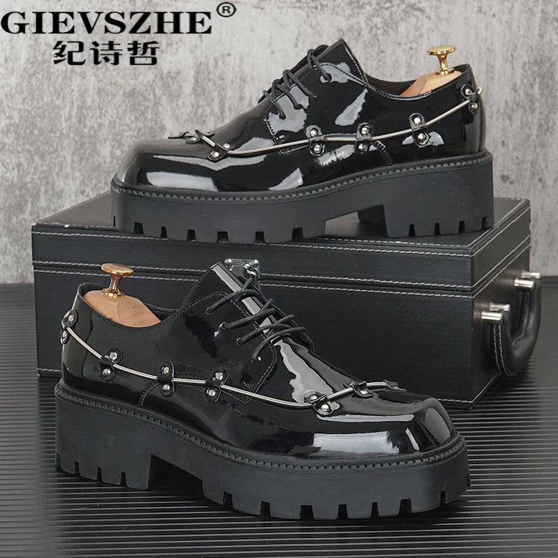 纪诗哲英伦风潮流漆皮男鞋新款厚底内增高松糕皮鞋个性方头德比鞋