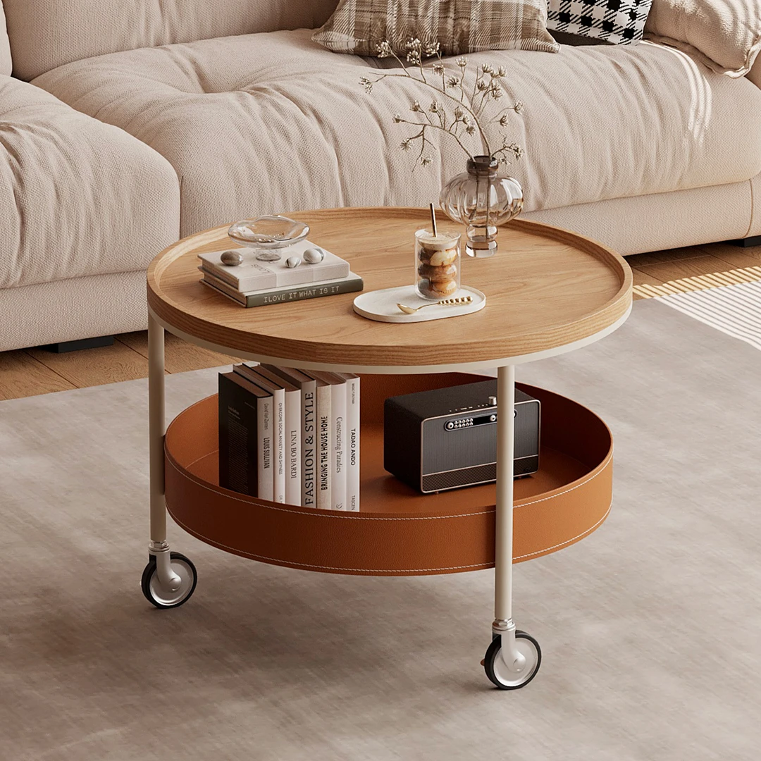 可移动茶几马鞍皮客厅家用奶油风小户型圆形茶几桌阳台精致小茶桌