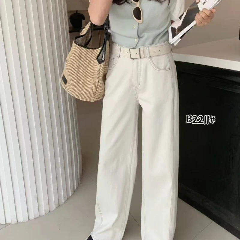 米白色宽松阔腿牛仔裤女夏季薄款小众高腰显瘦百搭垂感直筒裤