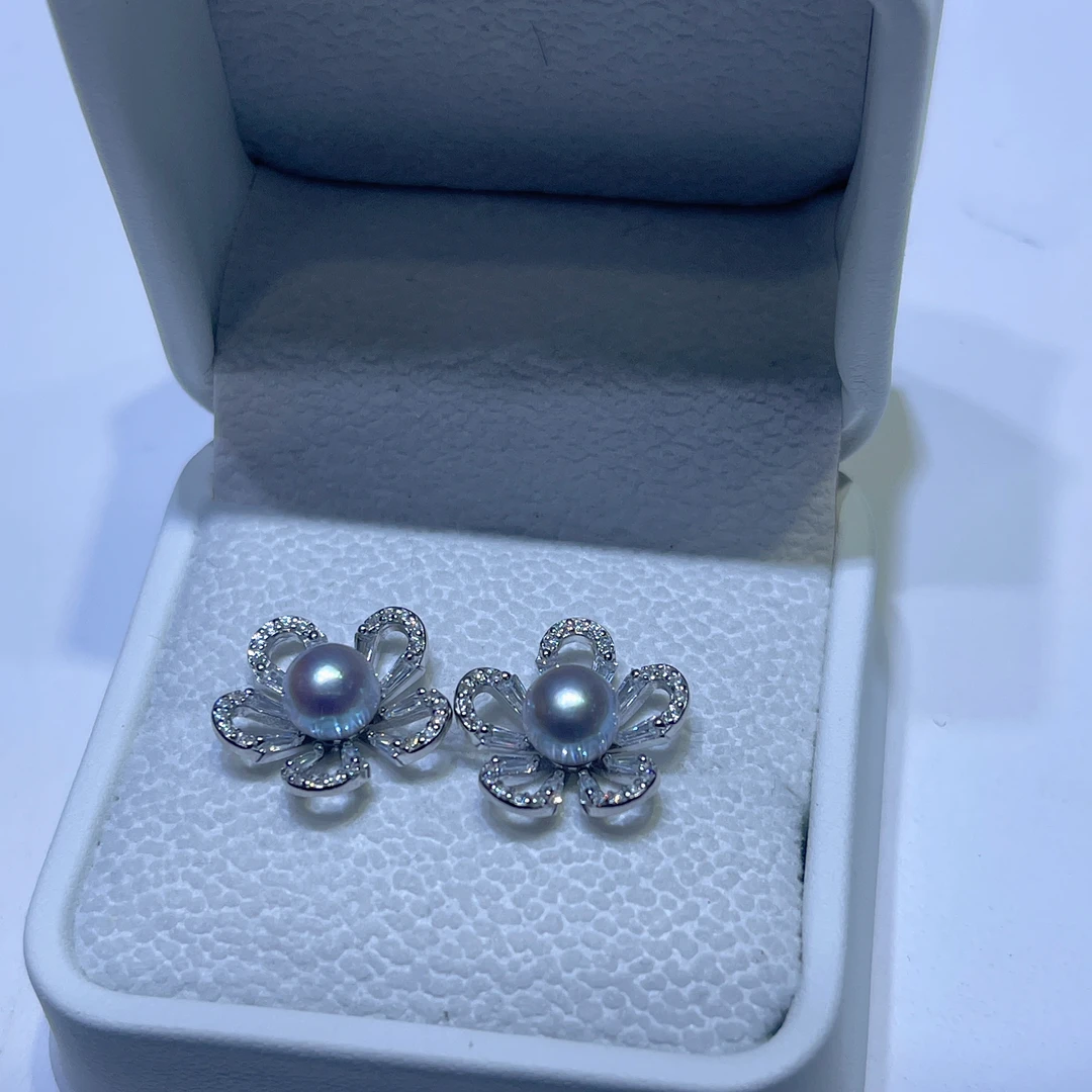 【ZY】S925银海水珍珠真多麻小花耳钉6-7MM