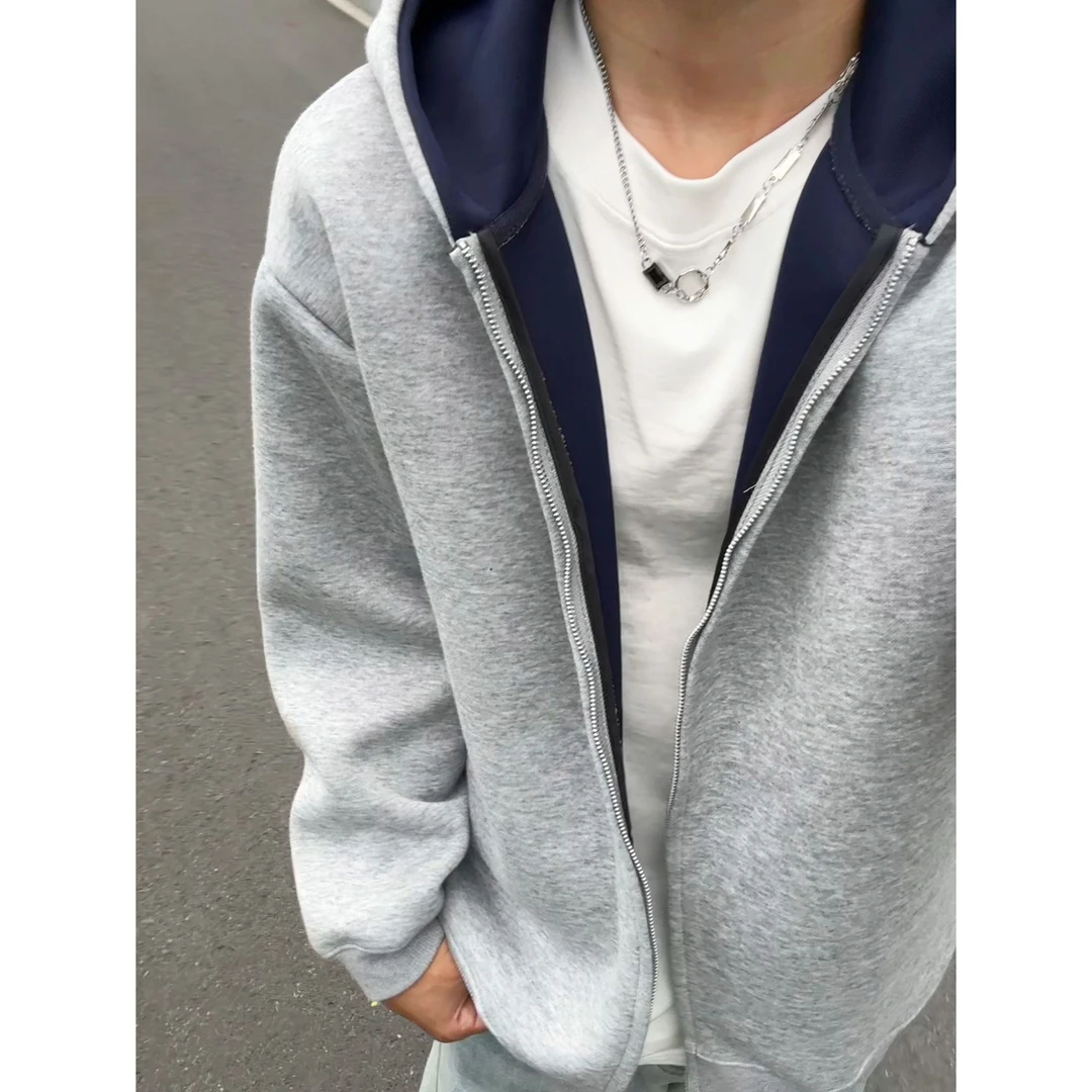 美式复古拼接双拉链卫衣男秋季高克重磅连帽衫灰色情侣装开衫外套