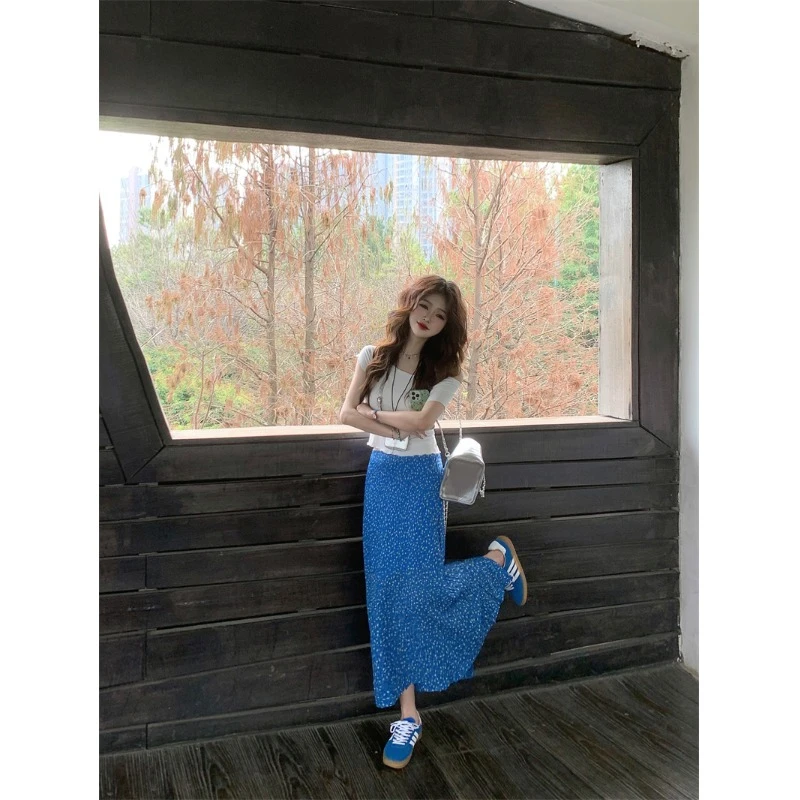 度假风蓝色碎花半身裙女春夏百褶气质高腰显瘦开叉包臀裙开叉长裙