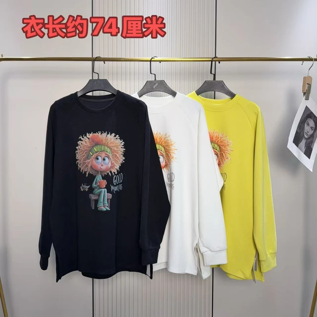 8375爆炸头女孩圆领宽松长袖T恤