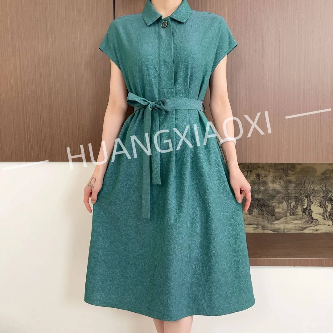 HUANGXIAOXI 优雅青绿重工立体提花翻领气质连衣裙ZF-531