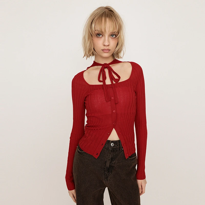 [商场同款新品]SLY25春修身系带方领毛针织衫030ISZ70-0201