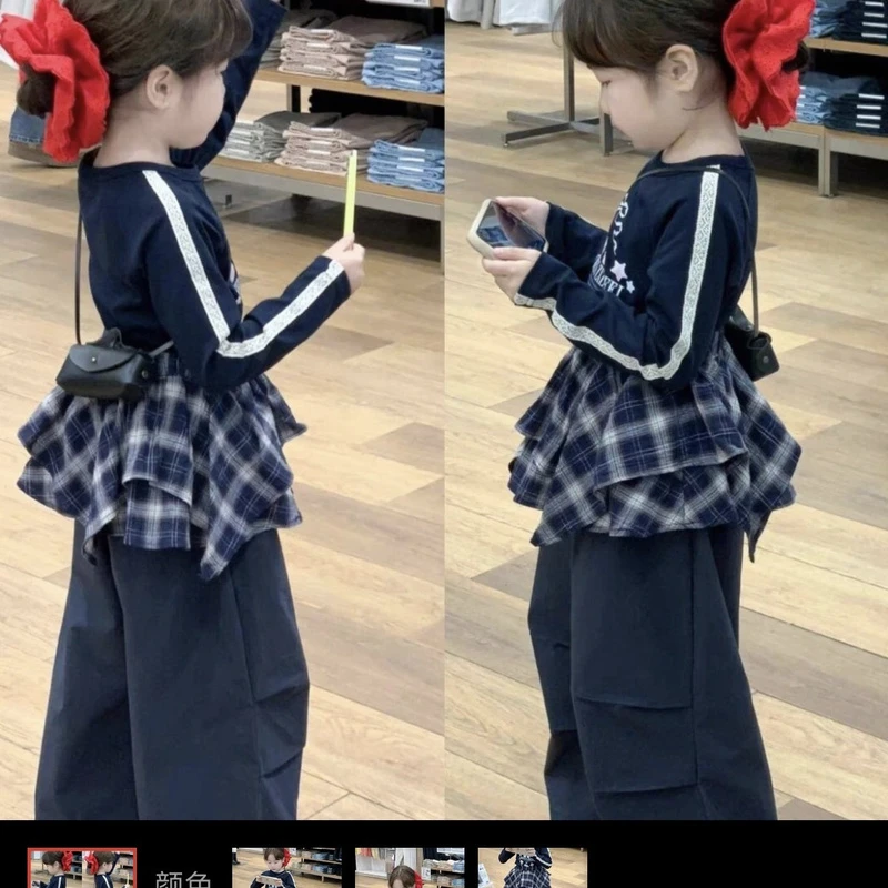 女童春款套装2025新款韩版女宝长袖印花上衣休闲屁帘工装裤两件套