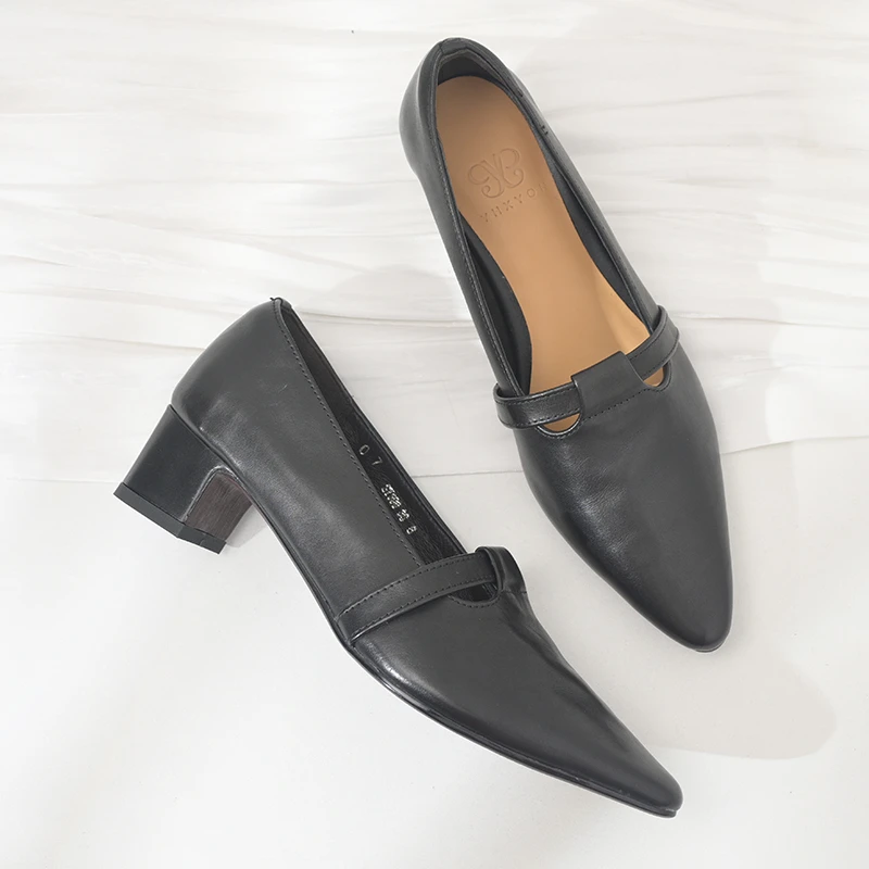真皮断码清仓气质单鞋女法式尖头粗跟春秋款中跟软底浅口通勤瓢鞋