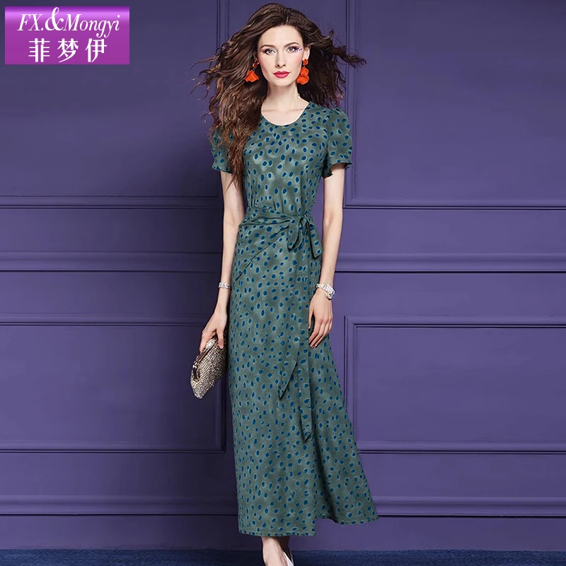 菲梦伊印花连衣裙女短袖夏装新款复古气质收腰圆领长裙子FXXL1381