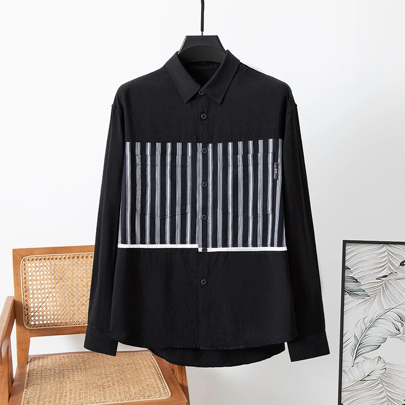 撤柜男装黑色条纹撞色长袖衬衫男士春季顺滑舒适清新帅气外穿衬衣