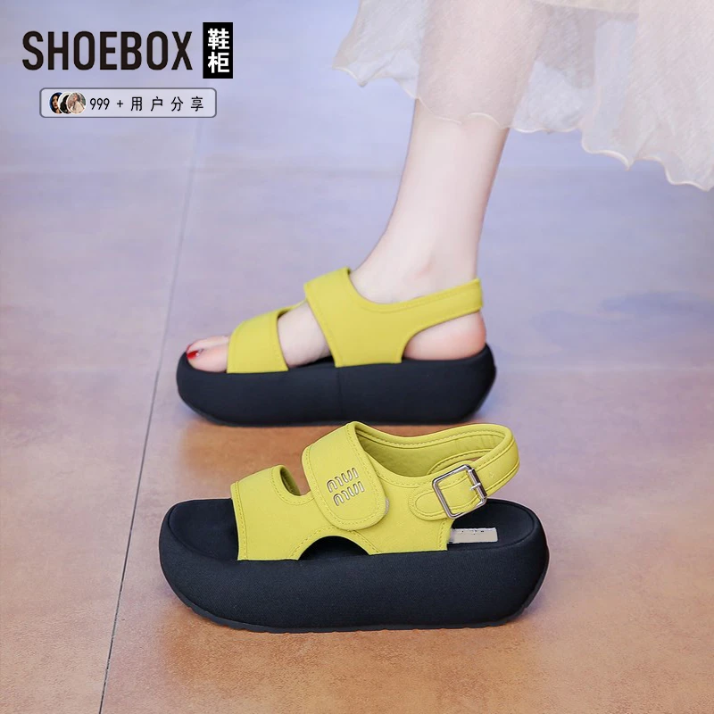 SHOEBOX鞋柜软底魔术贴沙滩鞋女2025夏时装凉鞋素面休闲罗马鞋